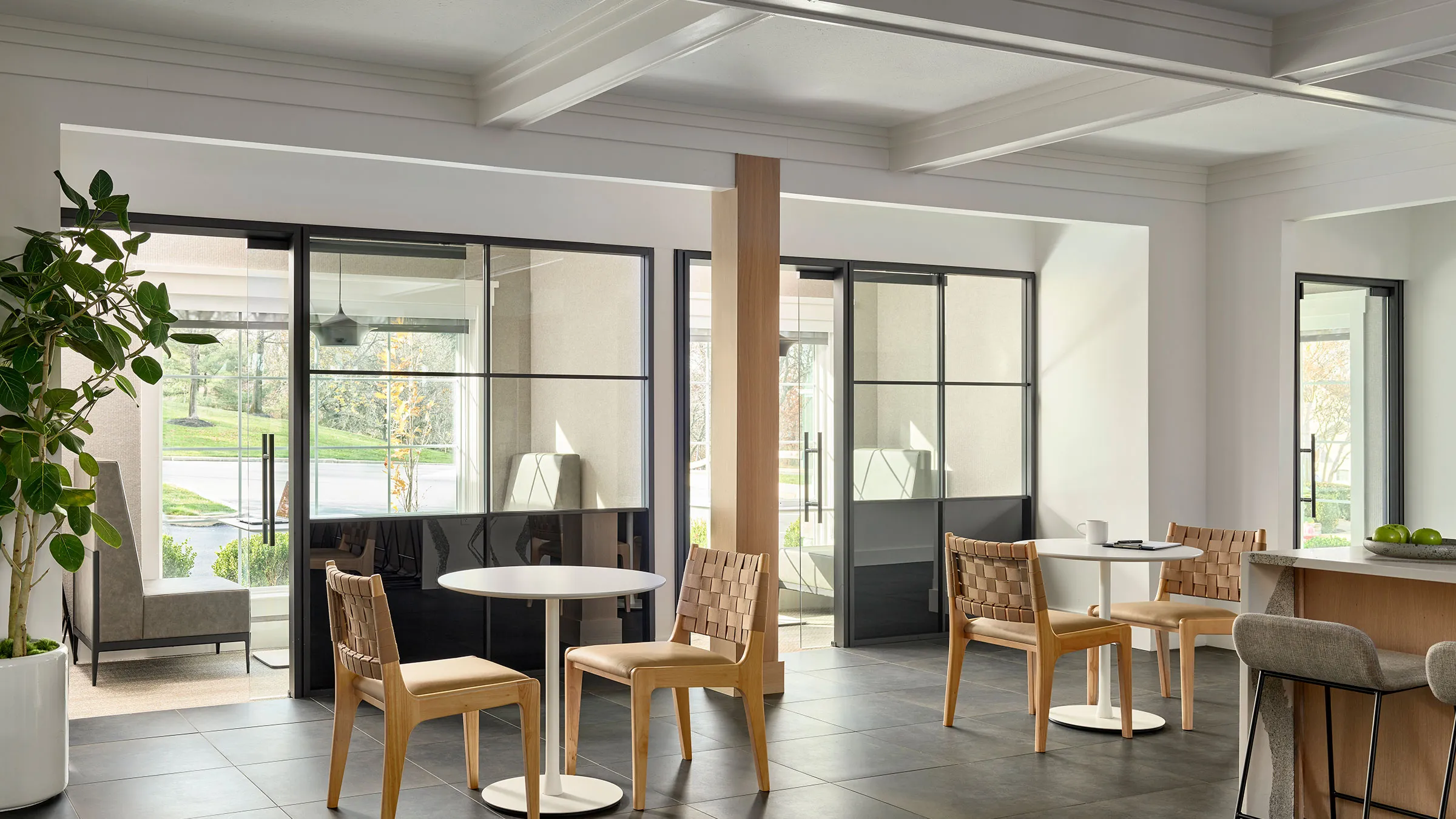 a room with a table and chairs