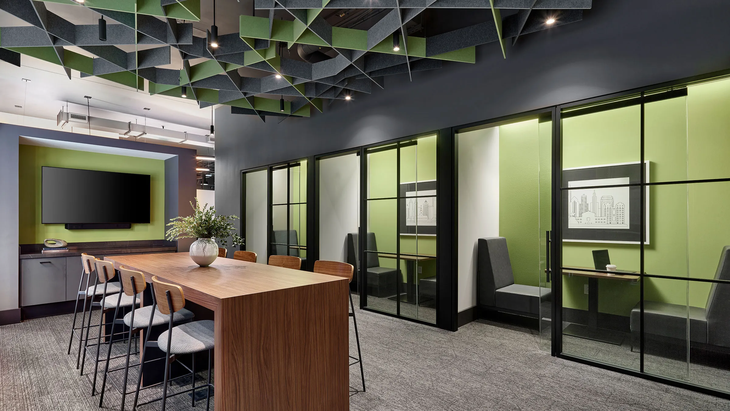 a room with a tv and a table