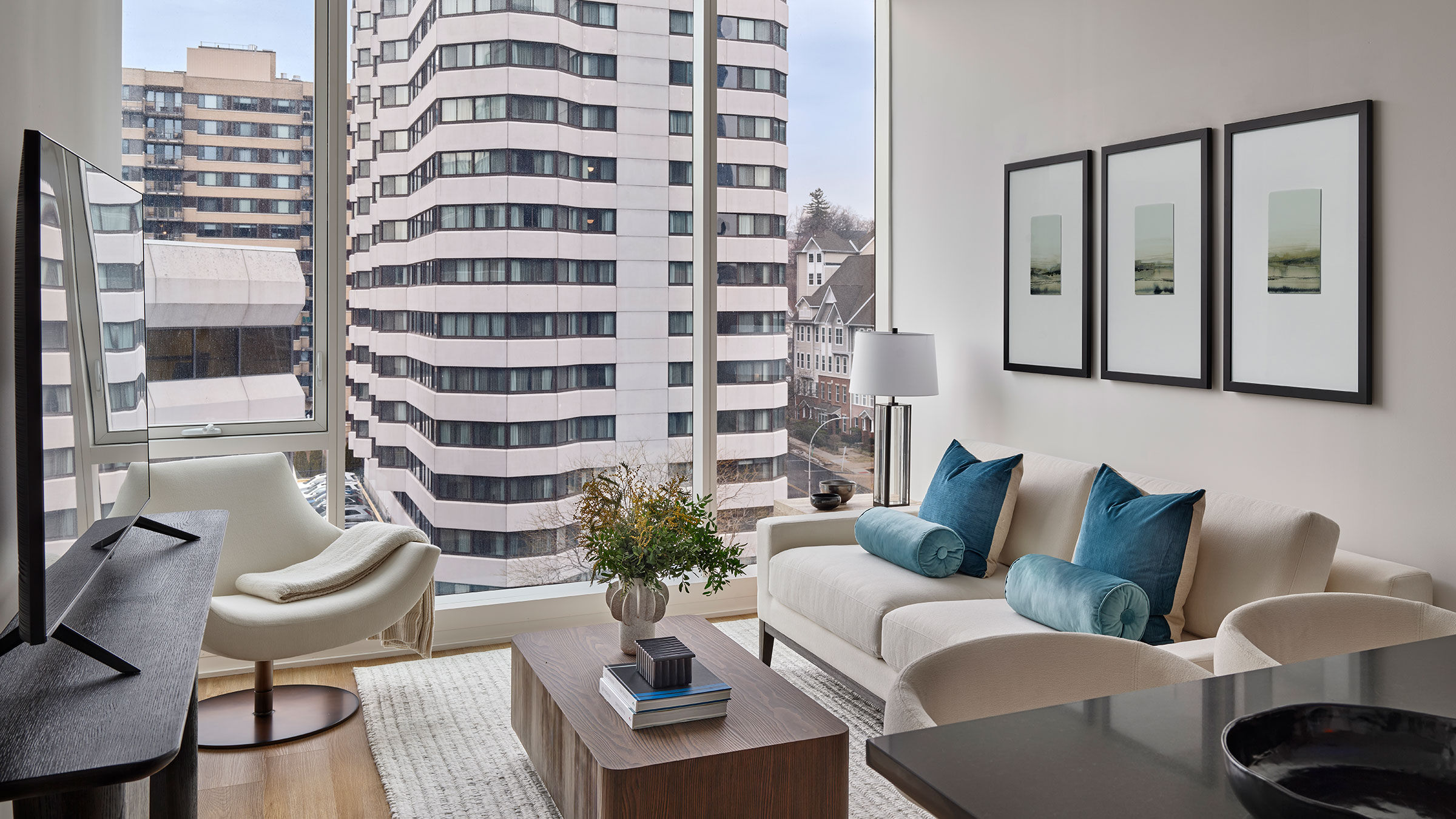 a living room with a large window