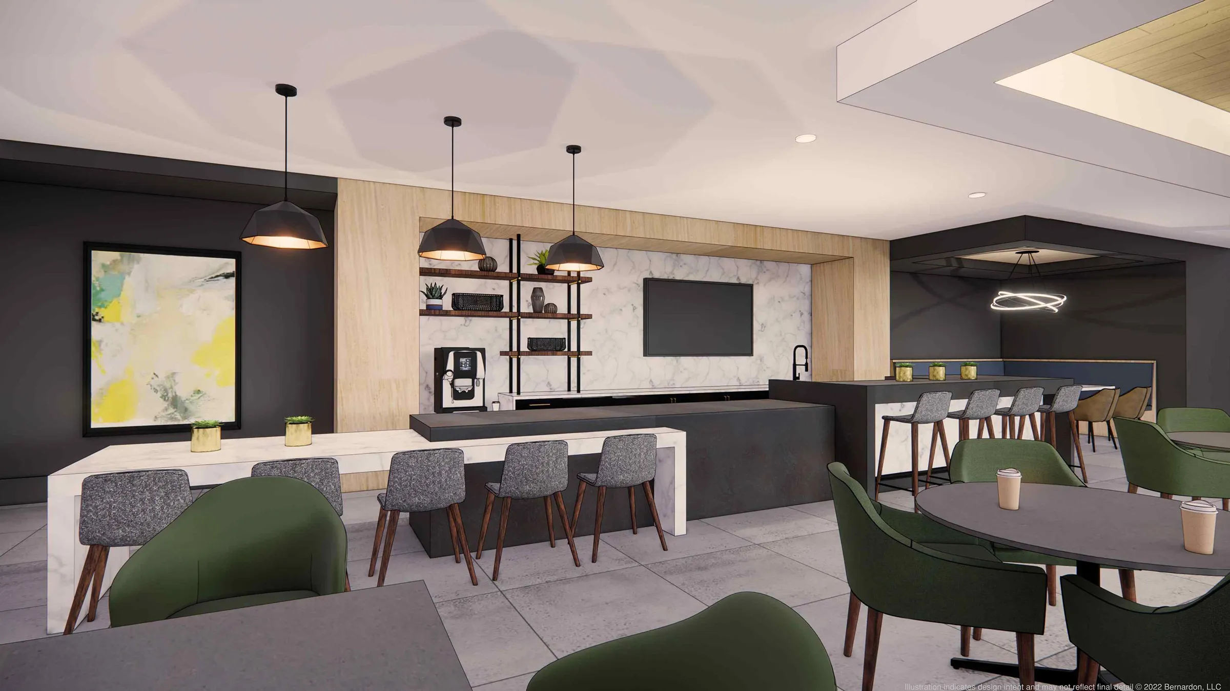 a room with a kitchen and dining area