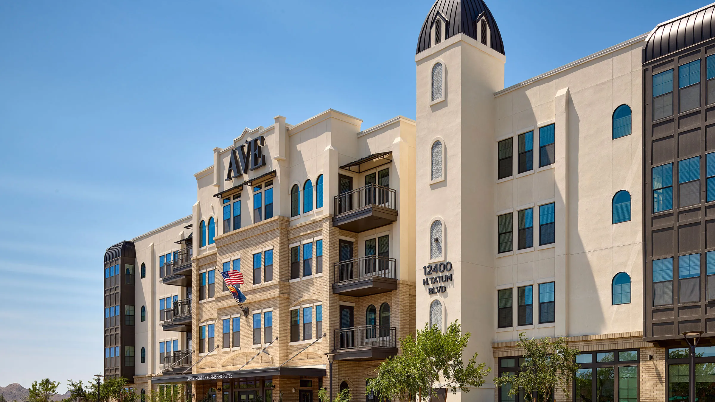 a building with a flag on the front