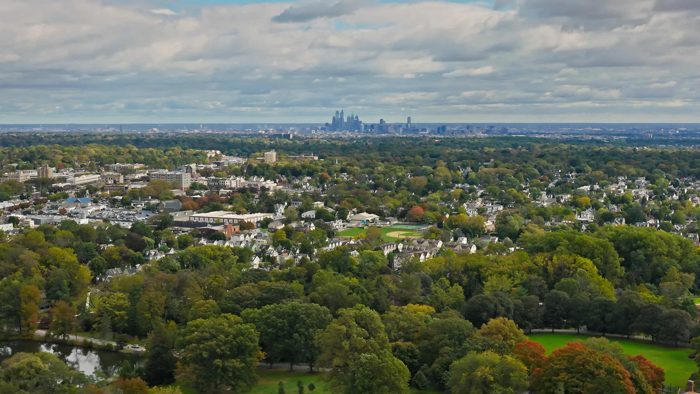 Suburban Philadelphia aerial shot with city view