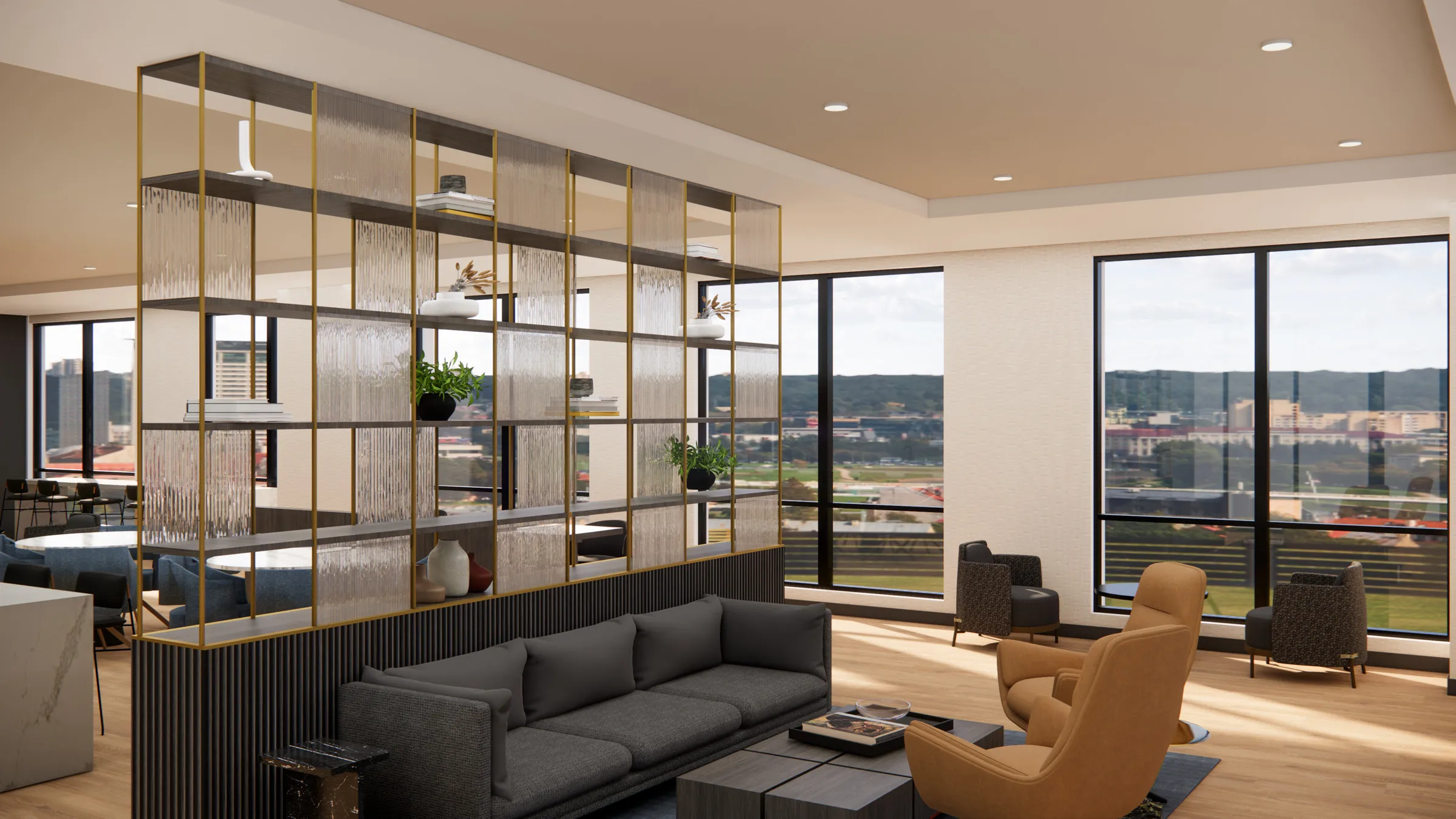 a room with a couch and a coffee table