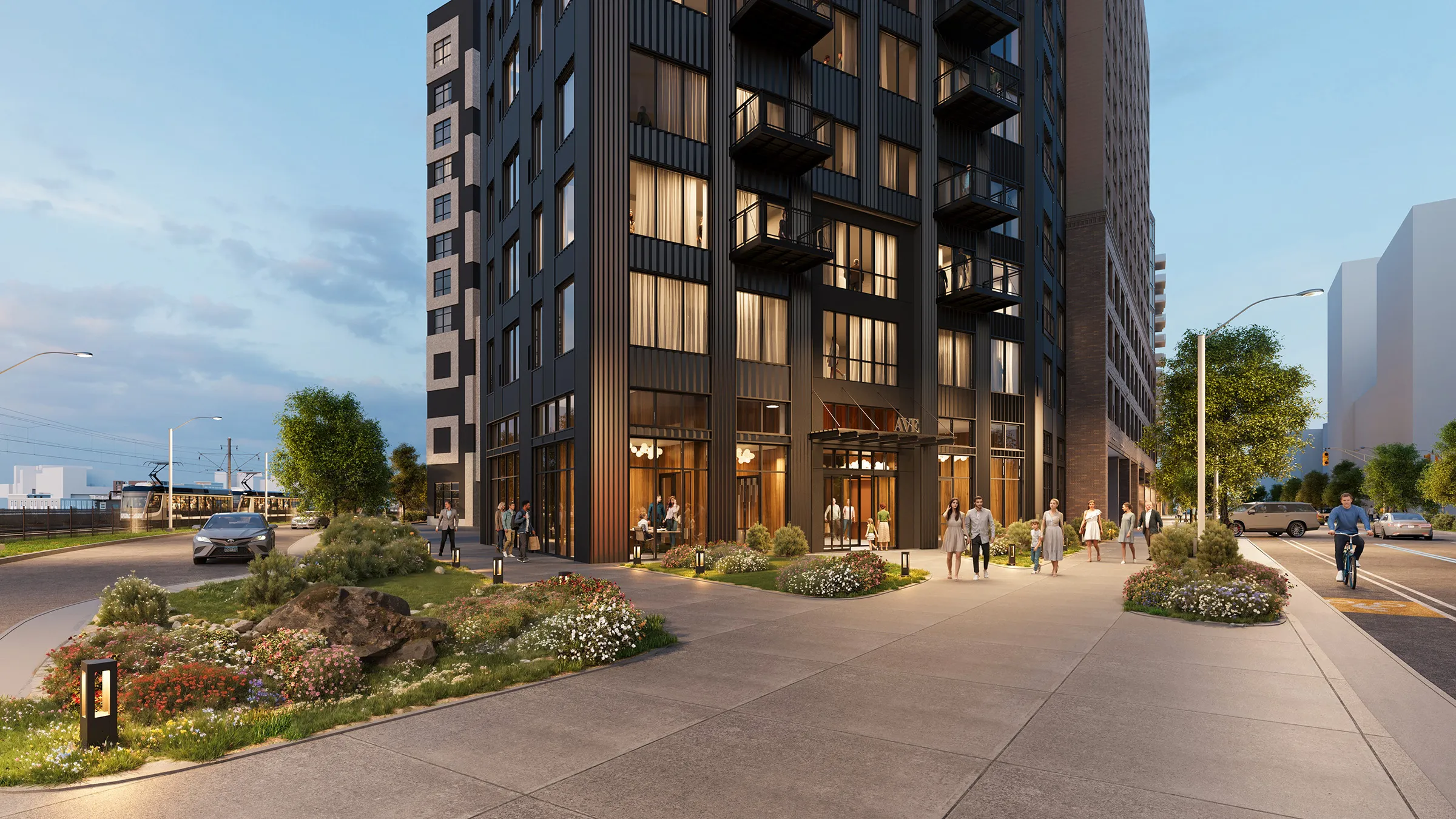a building with many windows and people walking around