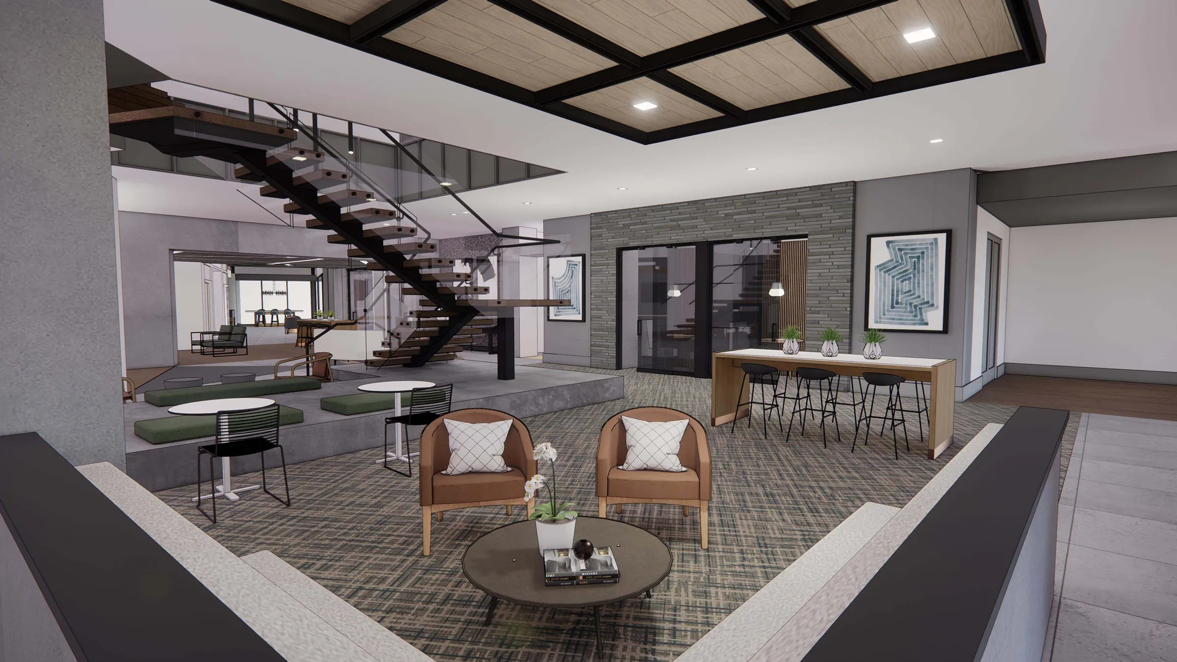 a room with a staircase and chairs