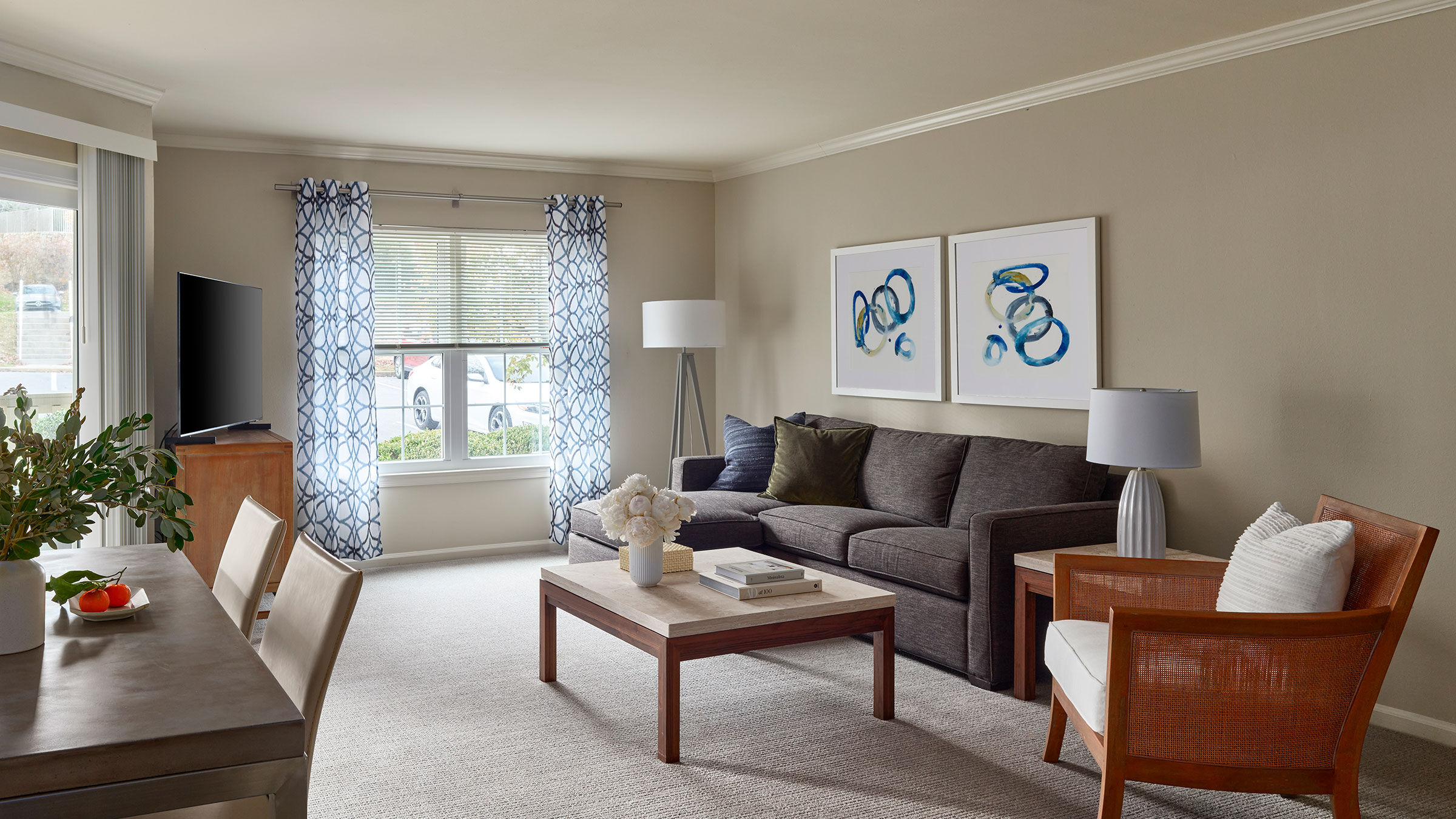 a living room with a couch and a coffee table