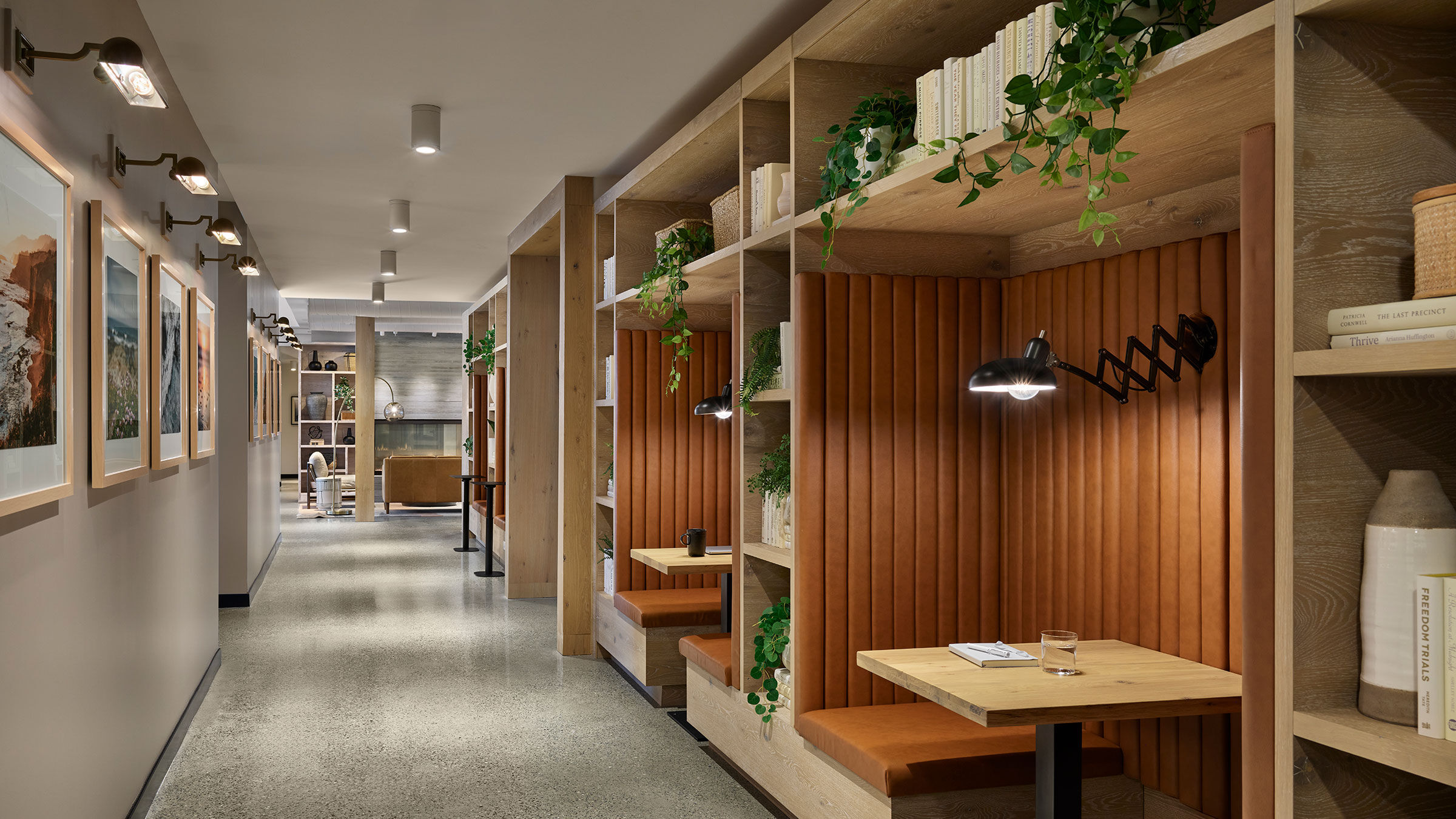 a room with a table and benches