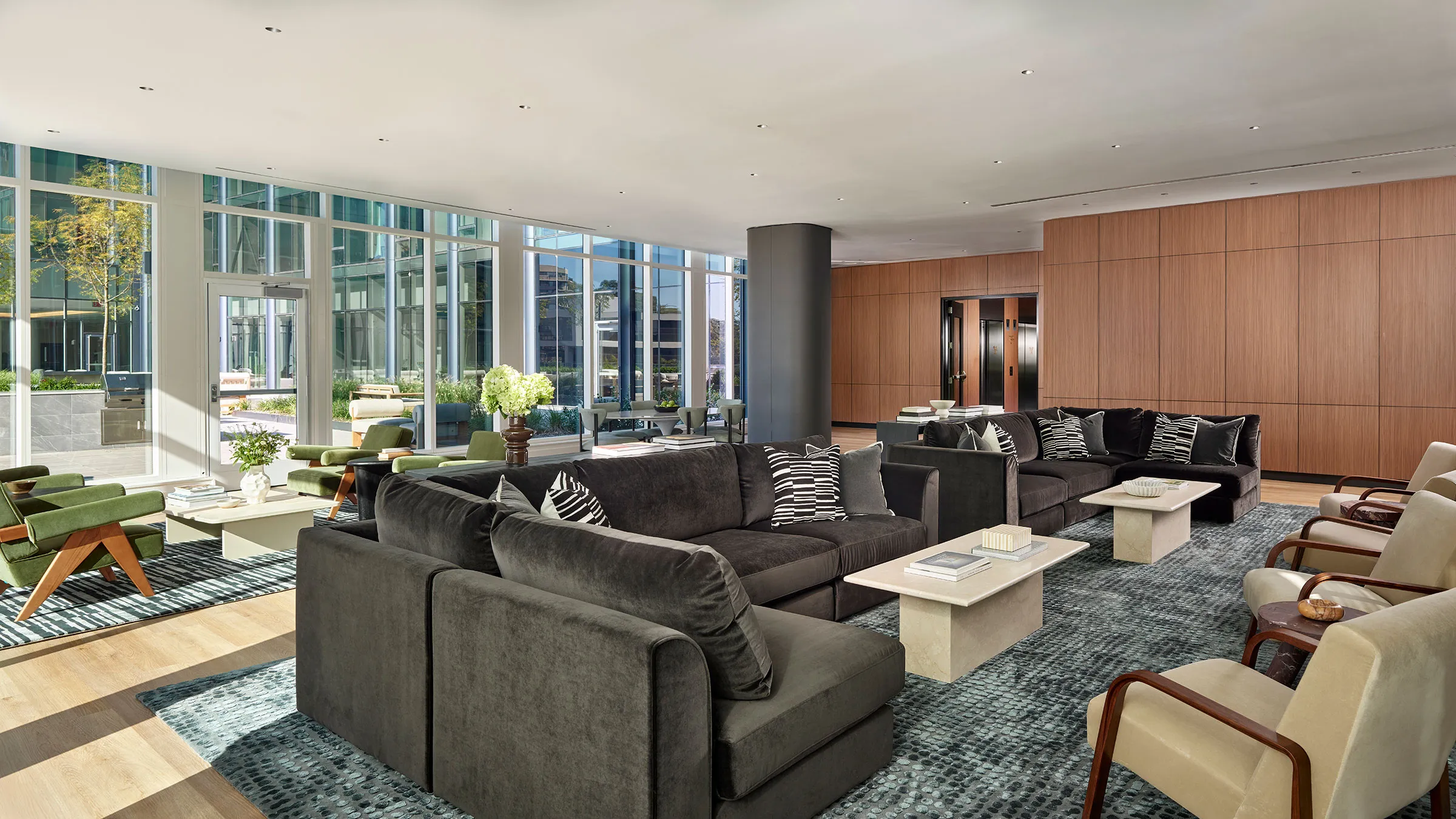 a large room with couches and tables