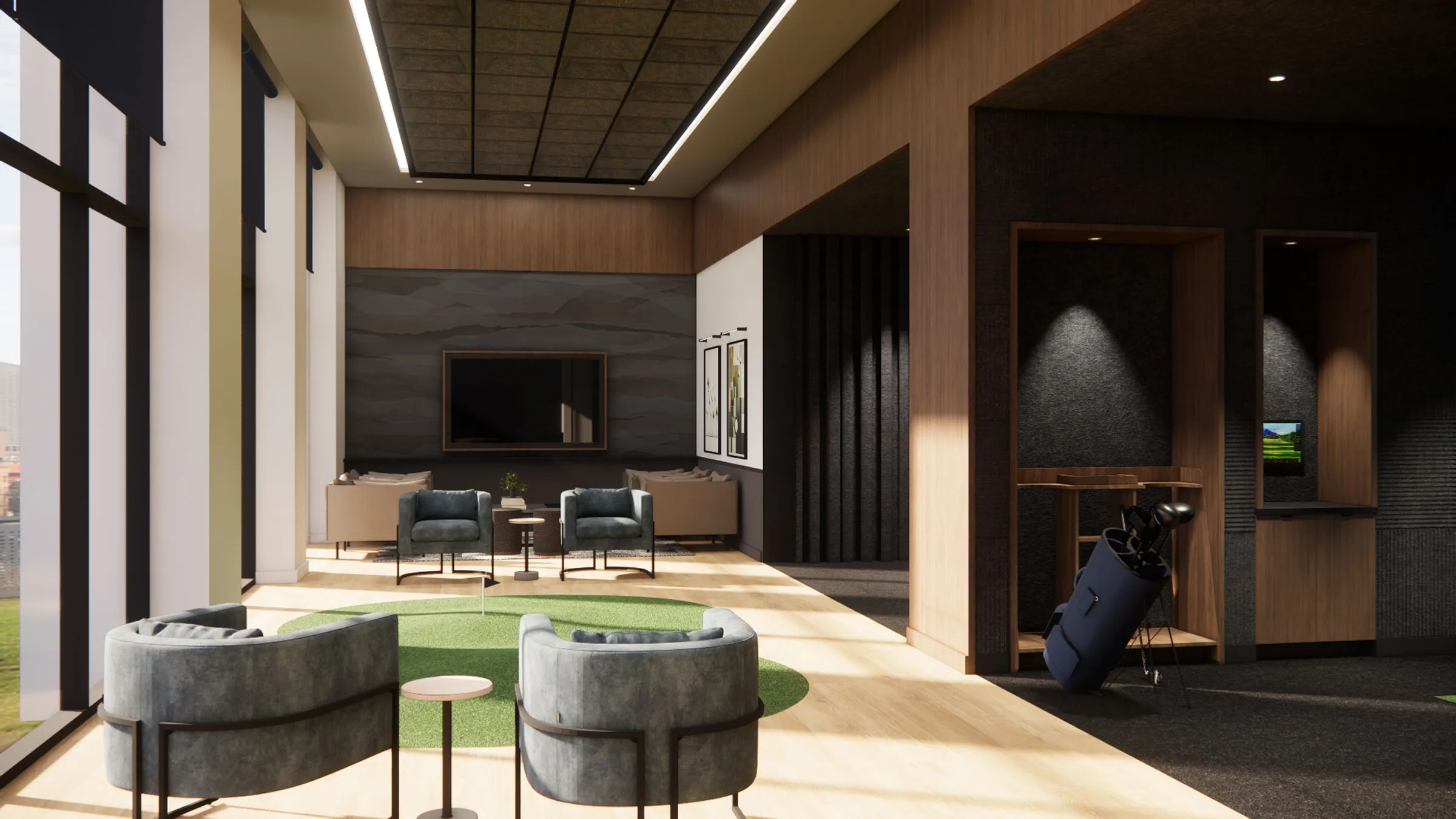 a room with chairs and a television