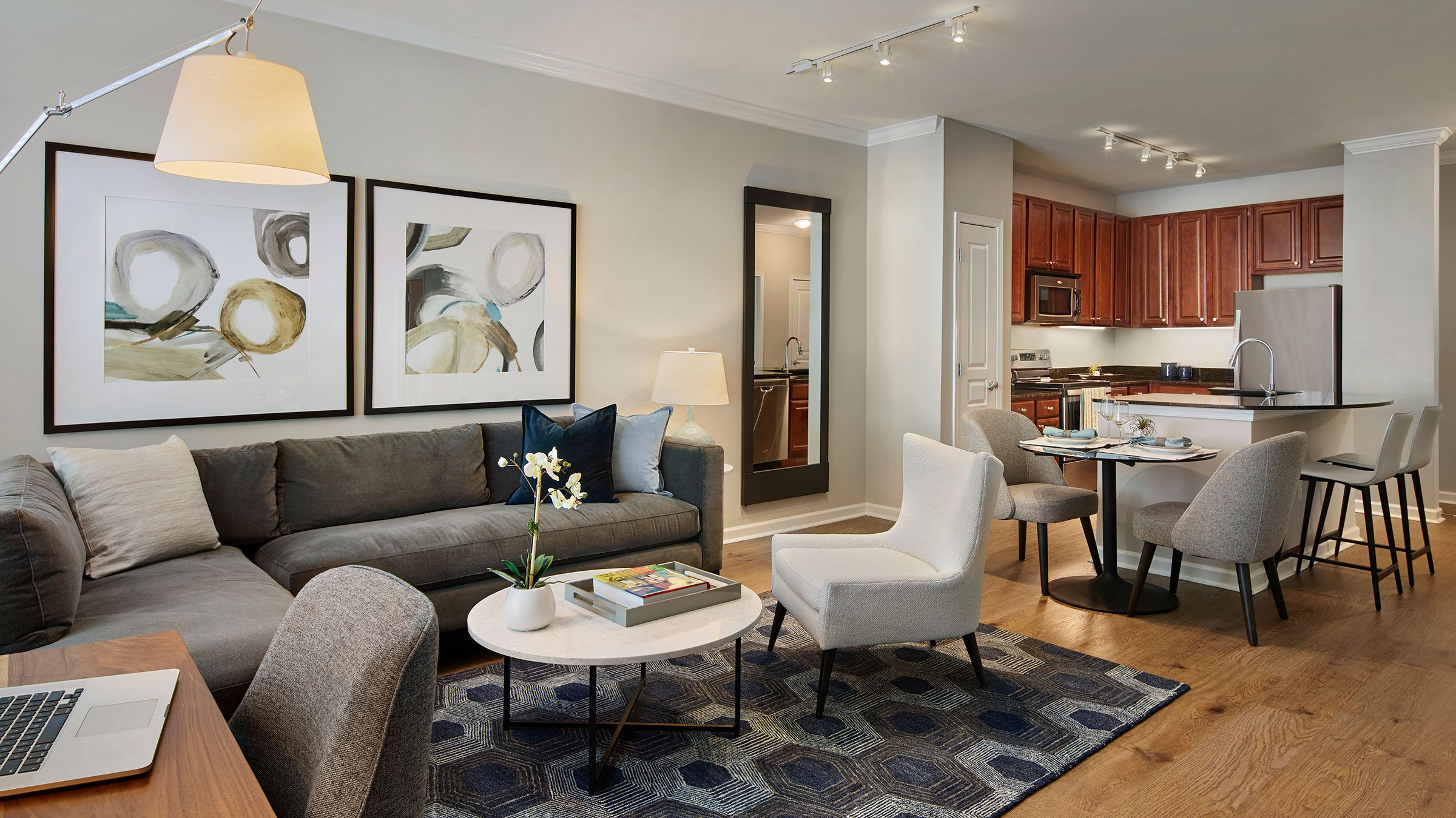 a living room with a couch and a table