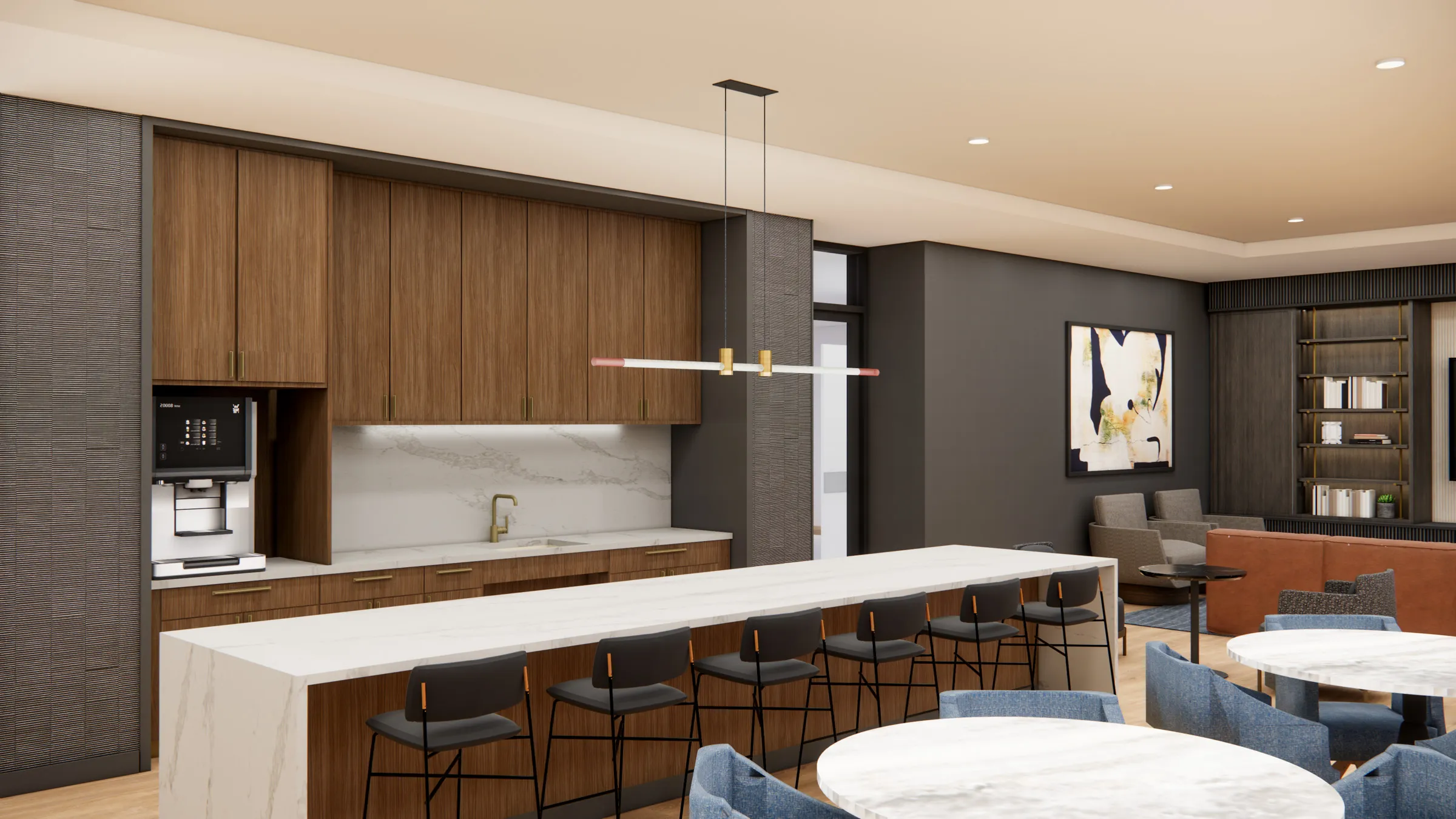 a room with a large kitchen and dining area