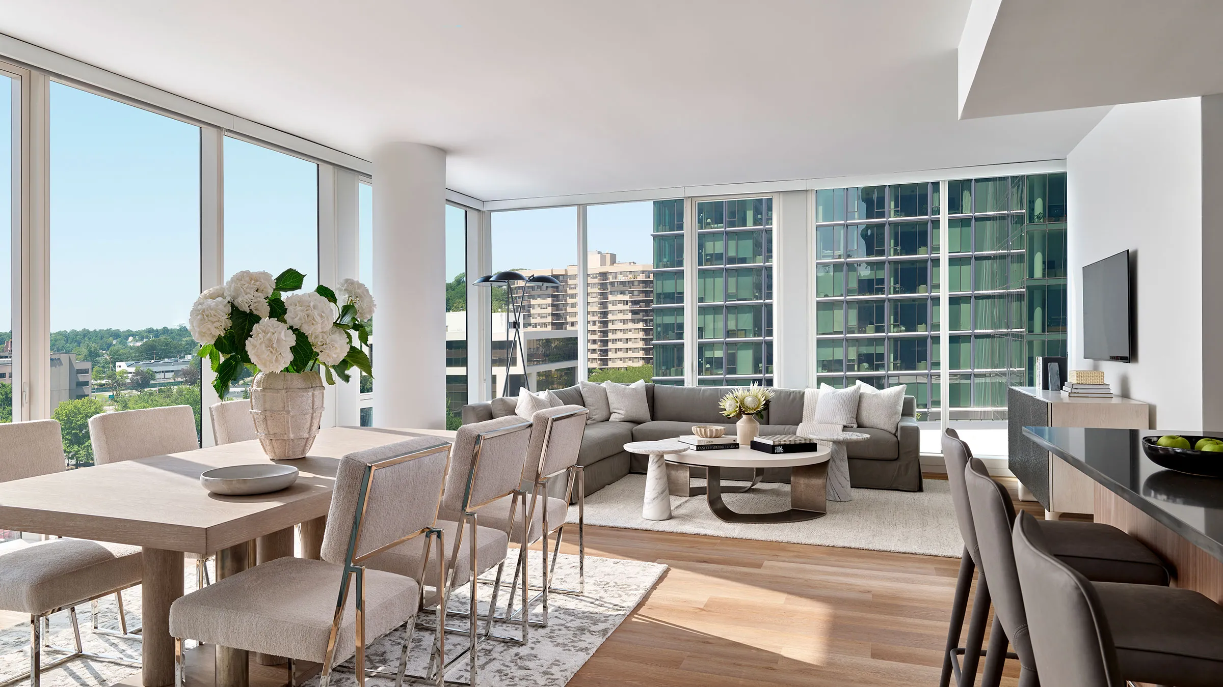 a living room with a couch and a table