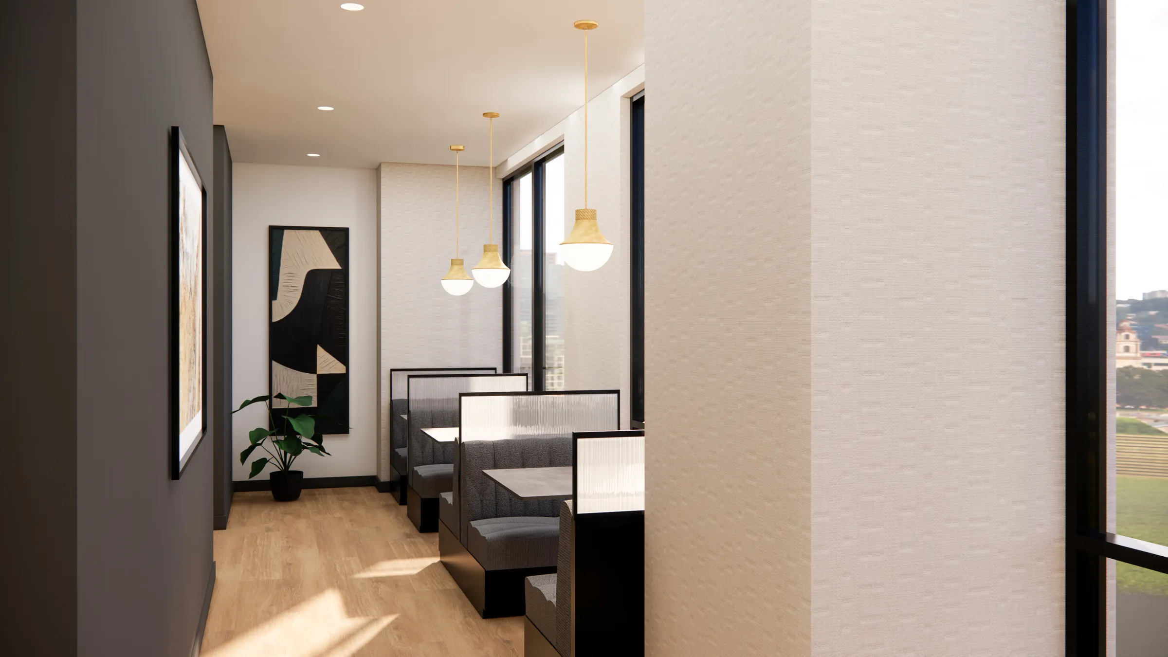 a room with a row of booth seating