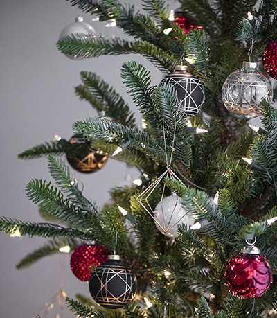 close up of Christmas tree ornaments