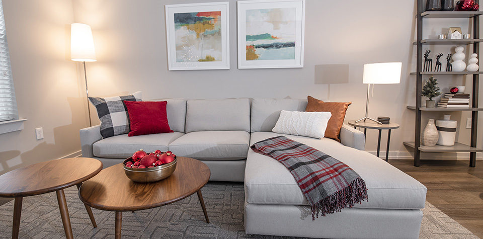 living room sofa with red decorations