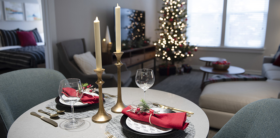 dining room table decorated for the holidays