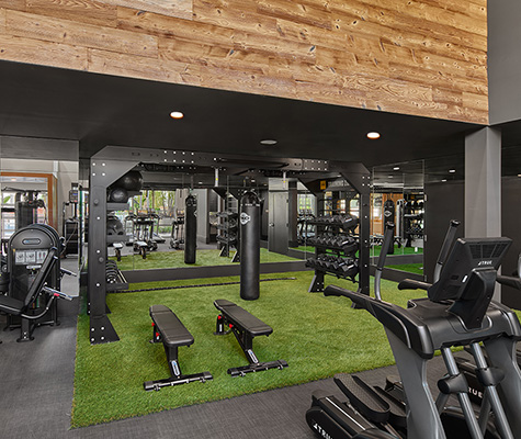 Fitness center weight area with turf flooring, benches, free weights, and boxing sand bag