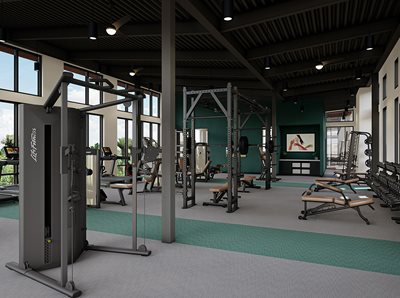 Fitness Center with green and gray flooring, fitness machines and steels beams