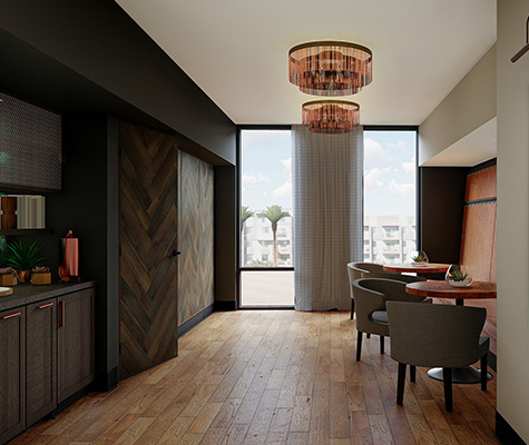 Bar Lounge area with bench and chair seating and large wood like doors and cabinets with green tile 