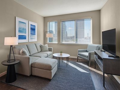 Apartment living room with gray sofa, coffee table, light gray lounge chair, entertainment system with tv and cable