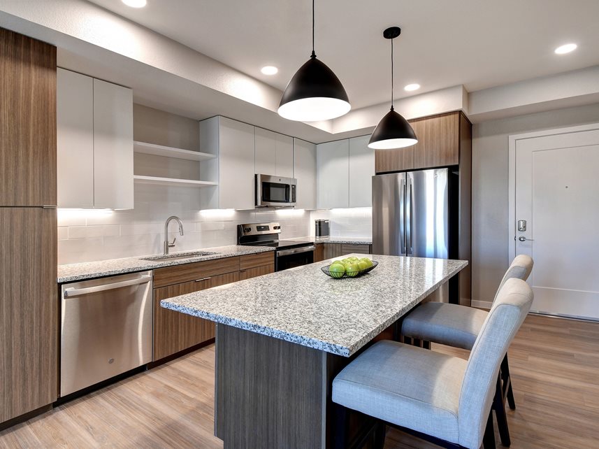 Modern kitchen with stainless steel appliances in AVE Terra Furnished apartment