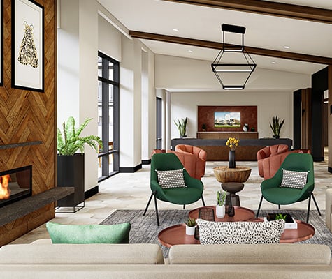 Fireplace Lounge with creame sofas, green and orange club chairs, wood accents on wall with firewood