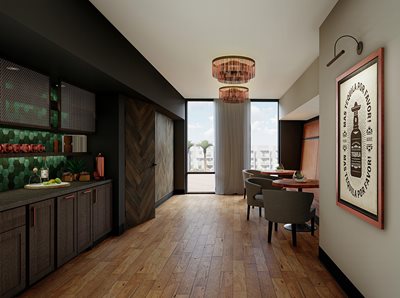 Bar Lounge area with bench and chair seating and large wood like doors and cabinets with green tile back splash