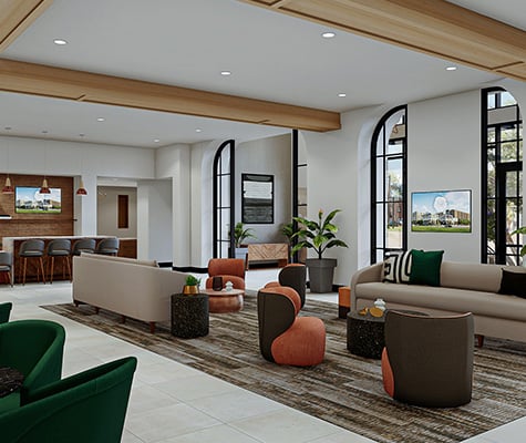 Lounge area with cream couches and green club chairs. Bar like area with high top seating, large win