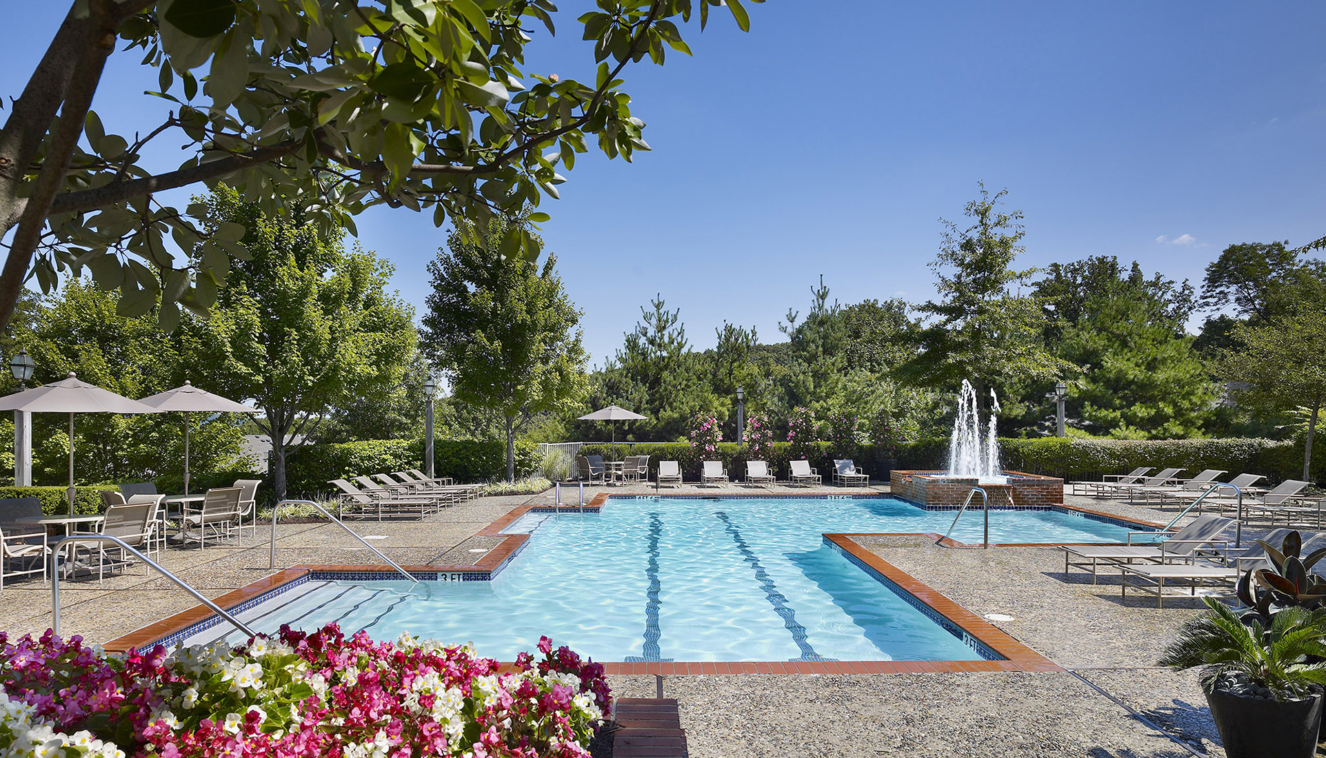 In ground pool with landscaping and a fountain