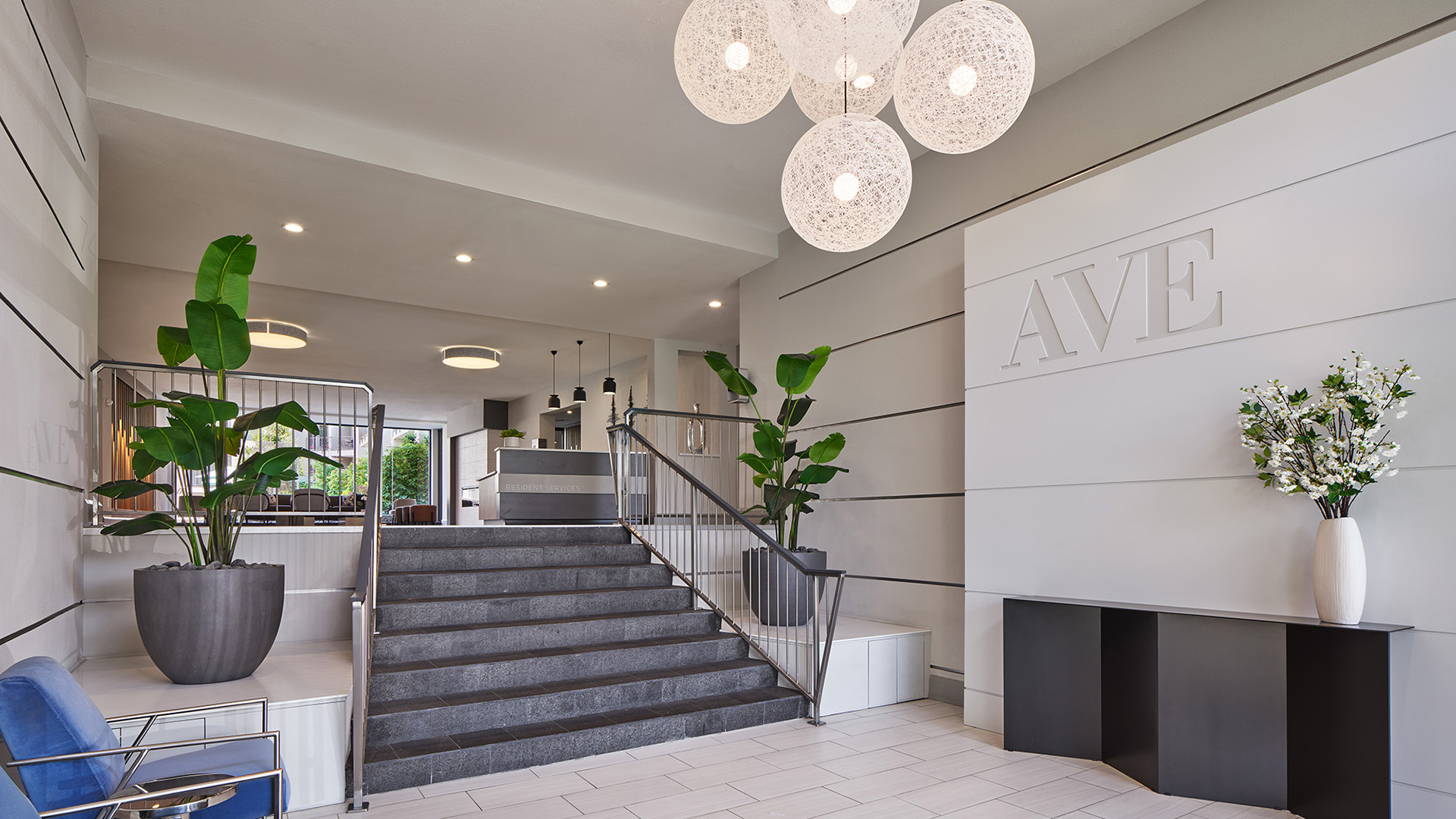 AVE Clifton lobby area with steps up to main amenity space