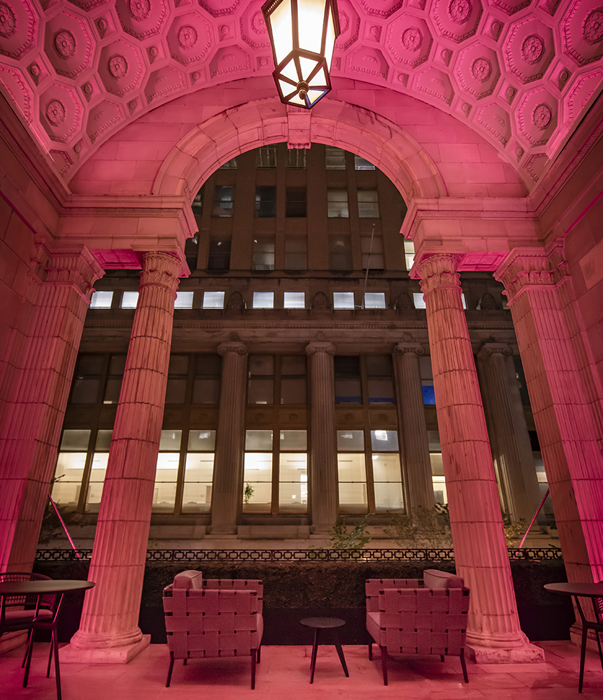 Lincoln Balcony in pink lights